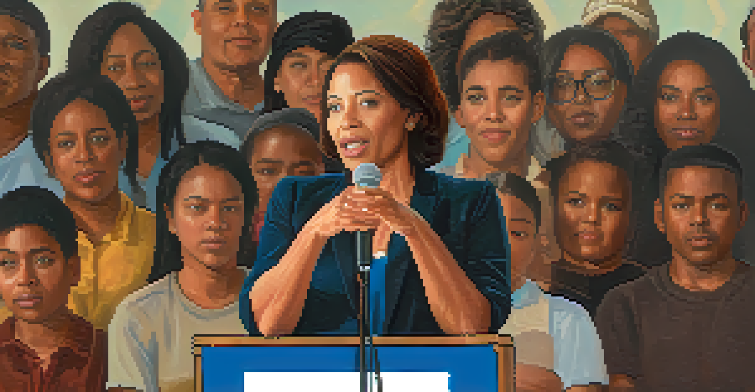 A determined woman speaking at a community forum with an engaged audience, illuminated by soft lighting, and a banner in the background.