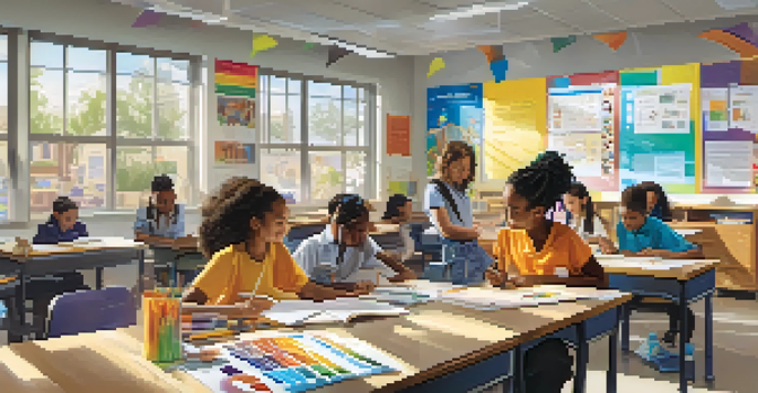 A lively classroom filled with diverse students working on a science project together, with educational posters on the walls and sunlight coming through the windows.