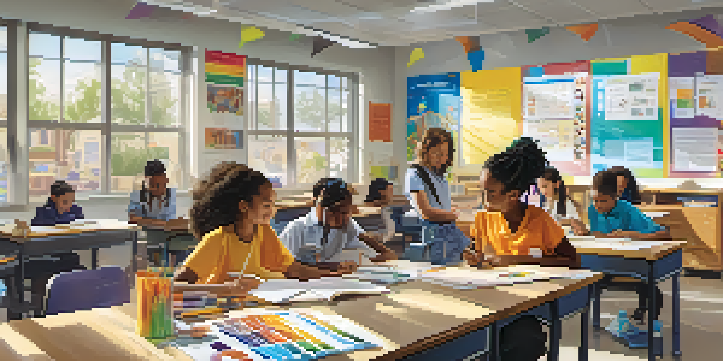 A lively classroom filled with diverse students working on a science project together, with educational posters on the walls and sunlight coming through the windows.