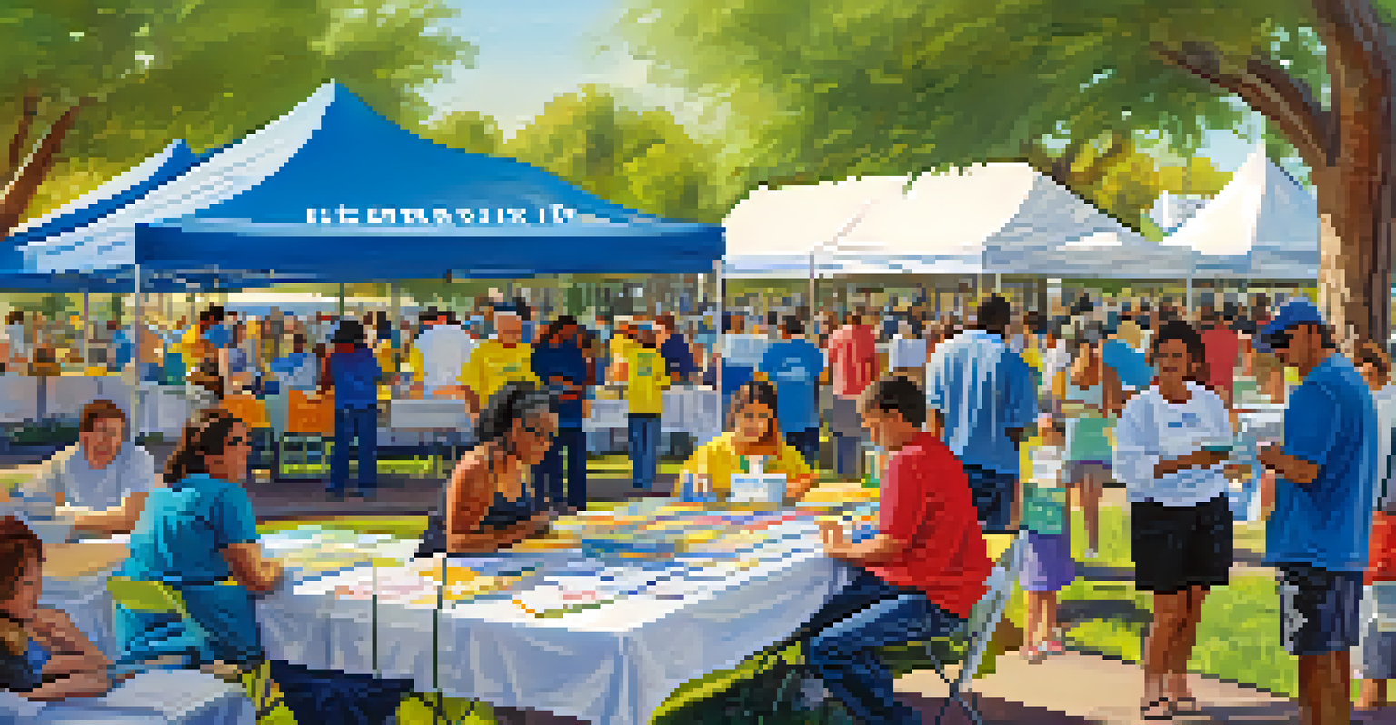 A community event in a park with tables offering healthcare resources, families interacting with volunteers, and bright banners under a blue sky.