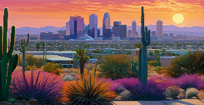 A sunset view of the Phoenix skyline with colorful skies and cacti in the foreground.