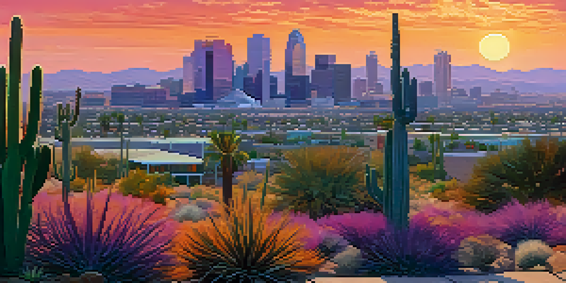 A sunset view of the Phoenix skyline with colorful skies and cacti in the foreground.