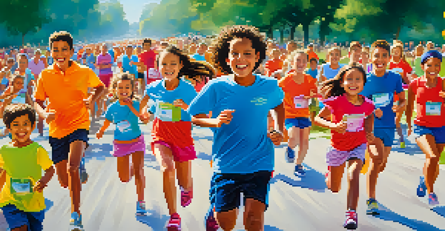 A family participating in a fun run event in a park, smiling and running with colorful banners in the background.
