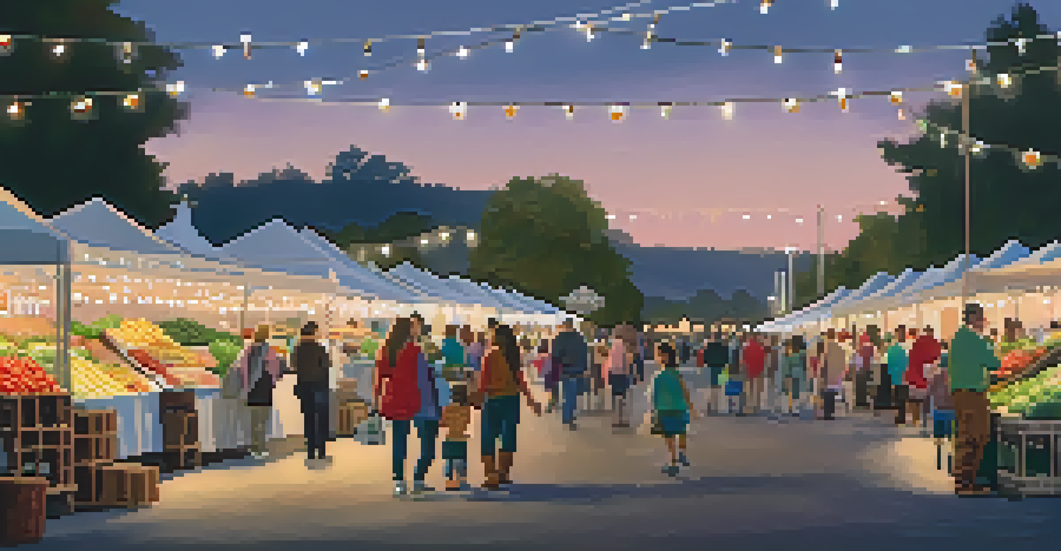 An evening farmers' market with families enjoying activities, fresh produce, and food trucks, illuminated by warm string lights.