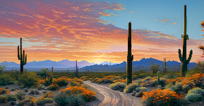 A stunning sunrise over the Sonoran Desert with Saguaro cacti and colorful sky.