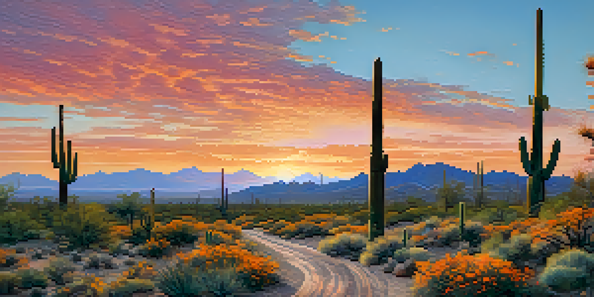 A stunning sunrise over the Sonoran Desert with Saguaro cacti and colorful sky.
