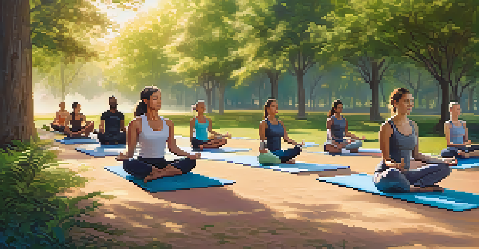 Participants practicing mindfulness yoga and meditation in a tranquil outdoor park setting.