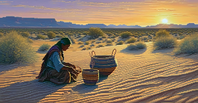A traditional Apache basket weaver sitting in a desert landscape at sunset, surrounded by vibrant colors.
