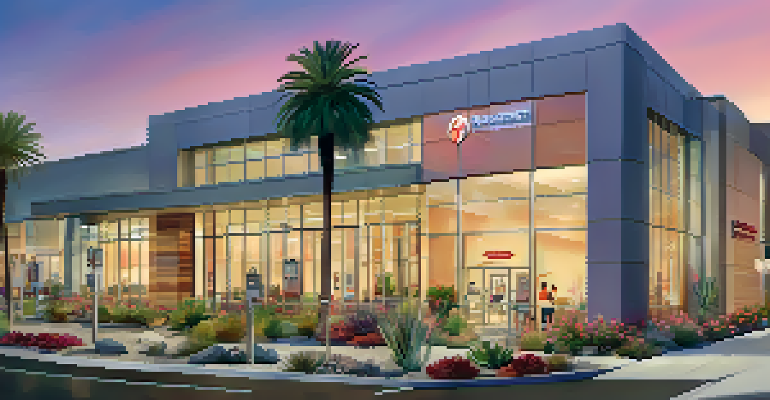 A modern urgent care center in Phoenix at sunset, with a family entering and a welcoming atmosphere.