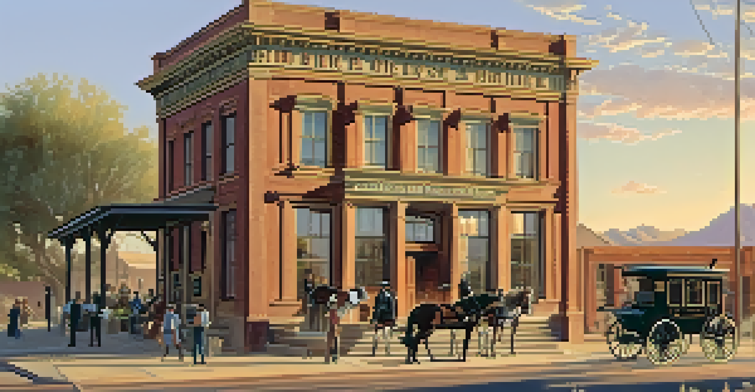 A historical view of the first post office in Phoenix with settlers and horse-drawn carriages, illuminated by warm golden hour light.