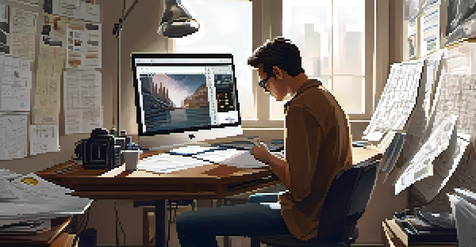 A filmmaker editing a film on a laptop, surrounded by storyboards and creative tools in a well-lit workspace.