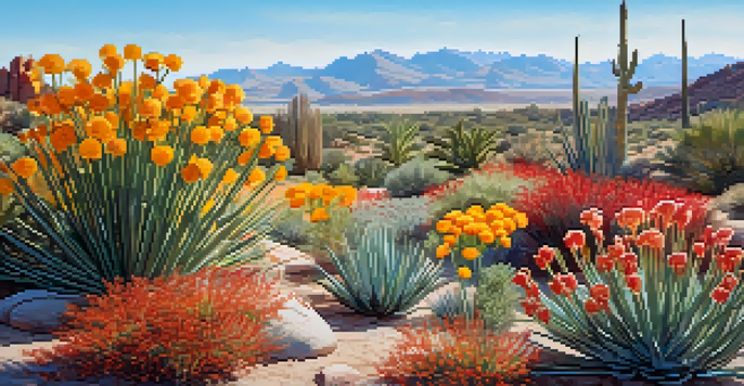 A vibrant garden in Phoenix featuring native and drought-resistant plants, with colorful flowers and a sunny sky.