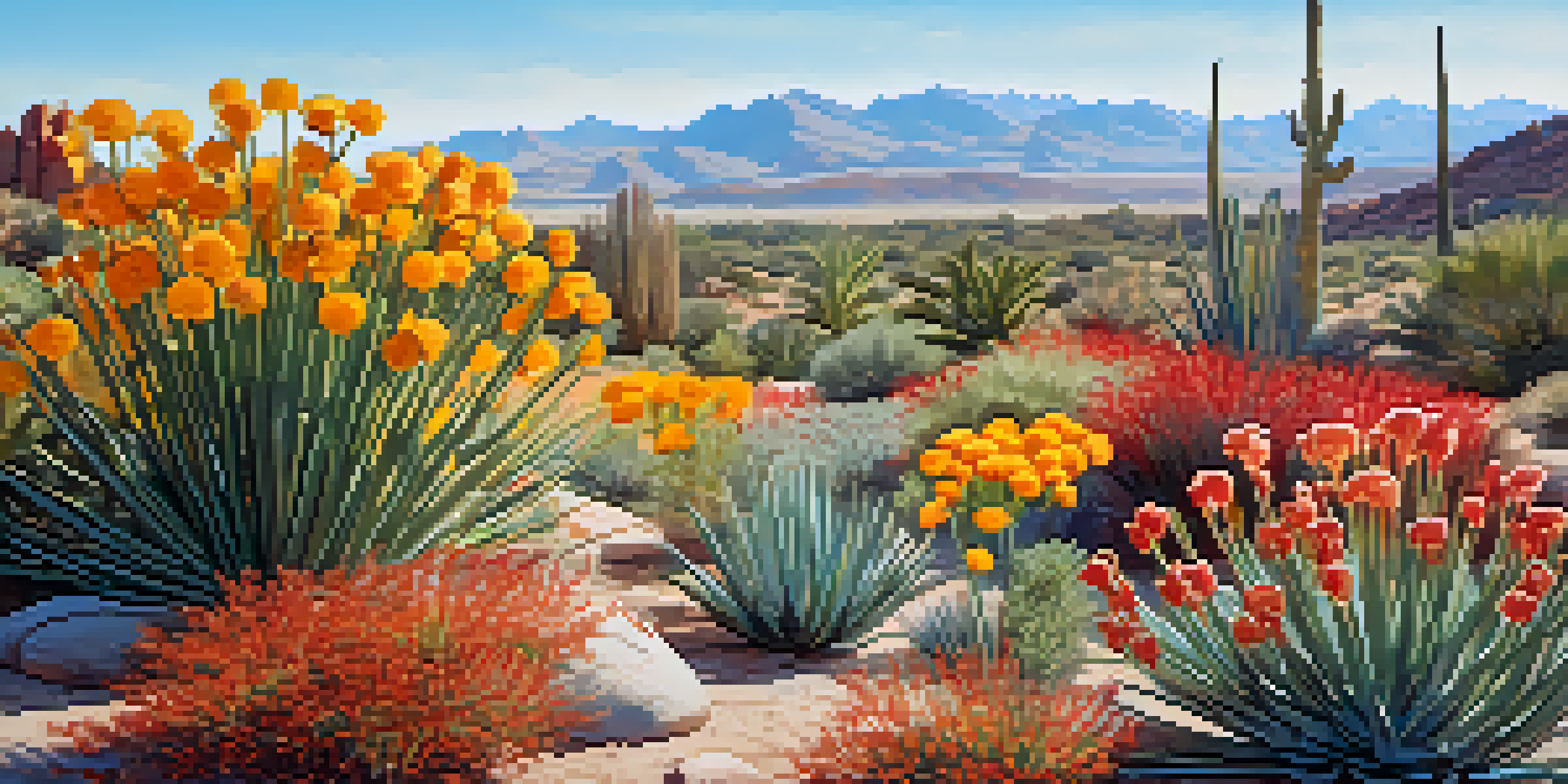 A vibrant garden in Phoenix featuring native and drought-resistant plants, with colorful flowers and a sunny sky.
