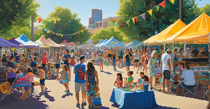 A lively outdoor festival in Phoenix with families enjoying music, food trucks, and children's activities in a sunny park.