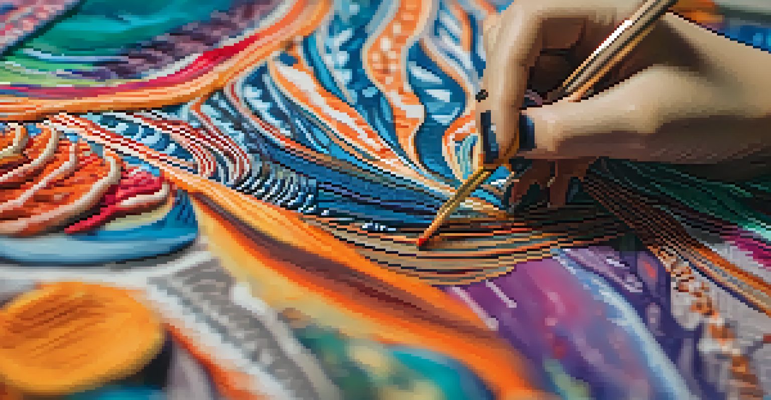 A local artist painting colorful patterns on fabric for a sustainable fashion collection, highlighting the creative process and materials.