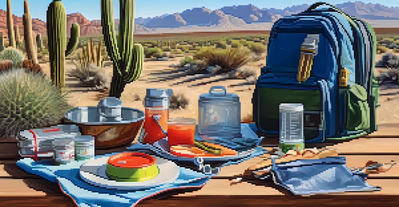 Essential camping gear displayed on a picnic table, with a desert landscape in the background.