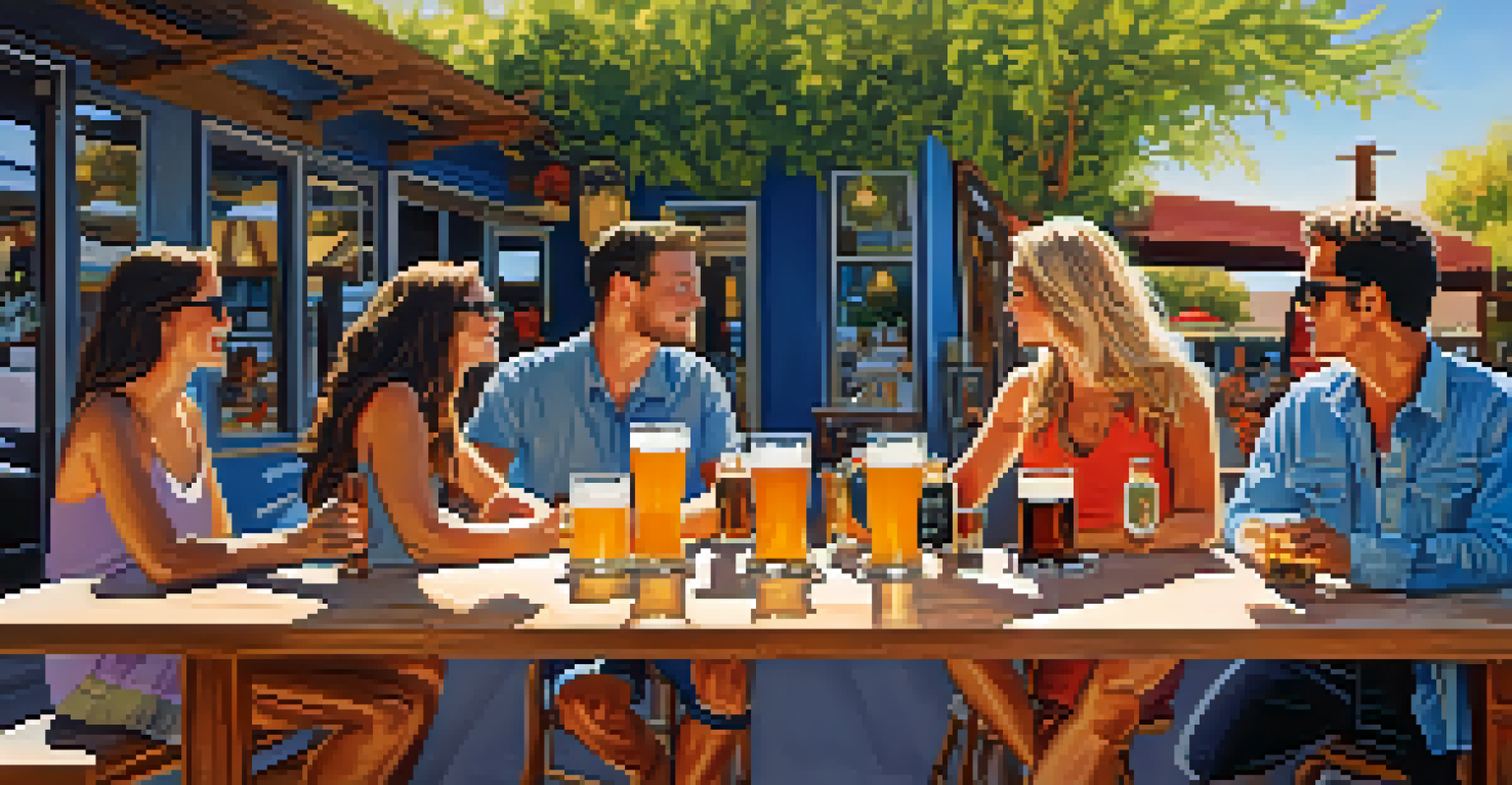 A sunny outdoor patio at a Phoenix brewery with patrons enjoying drinks, surrounded by flowers and a flight of colorful craft beers on a table.