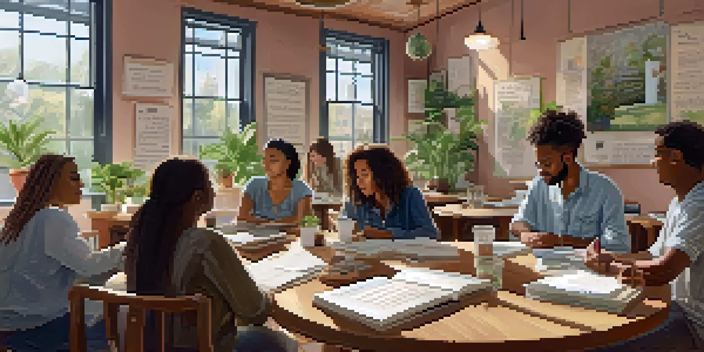 A vibrant poetry workshop in a cafe with diverse participants discussing and writing, surrounded by art and poetry quotes.