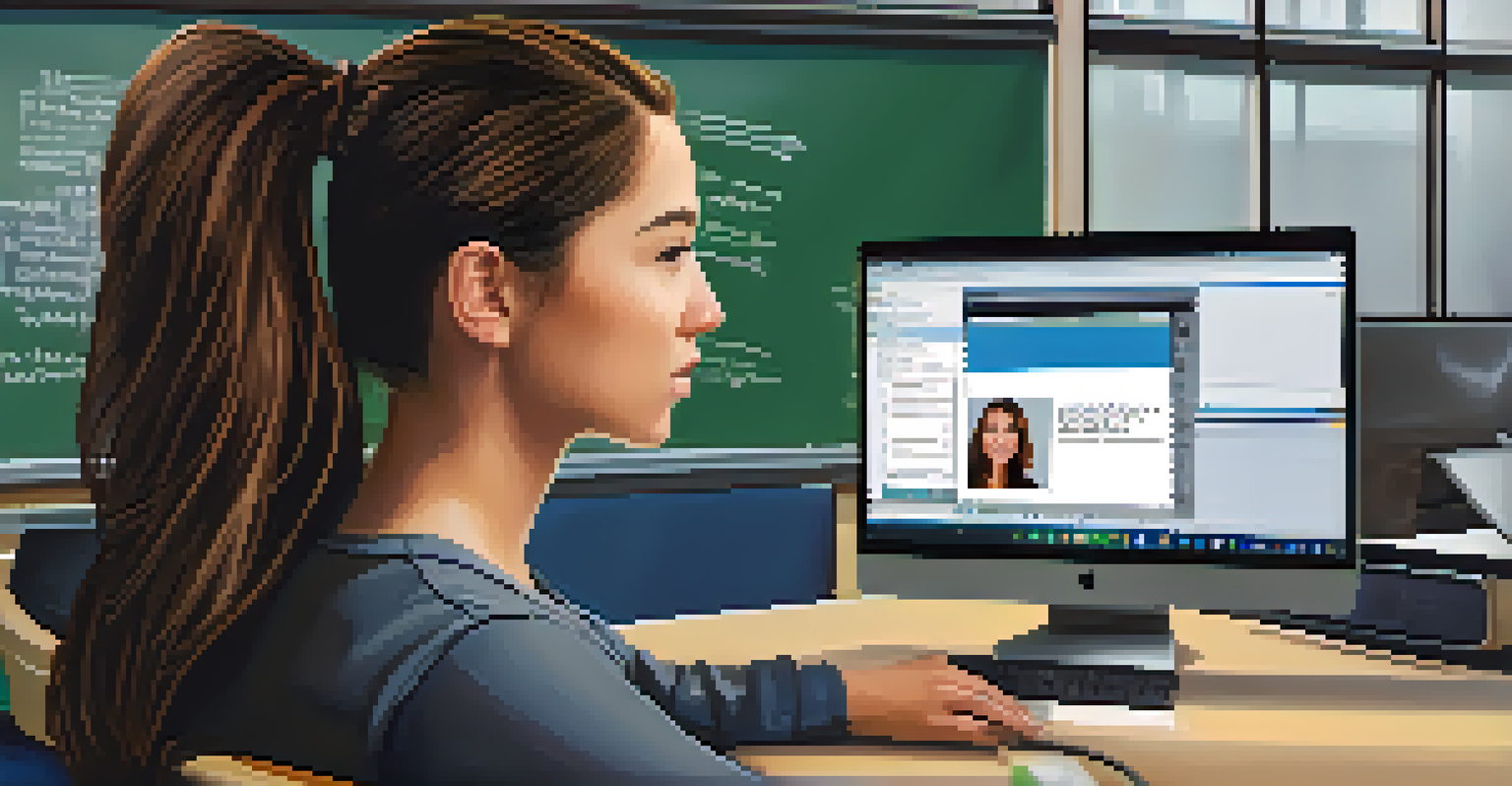 A young woman in a community college classroom, engaged in an online training program on a computer, with motivational posters in the background.