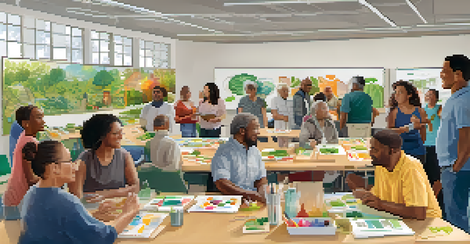 A community workshop on sustainability practices with diverse residents discussing waste reduction and recycling in a bright community center.