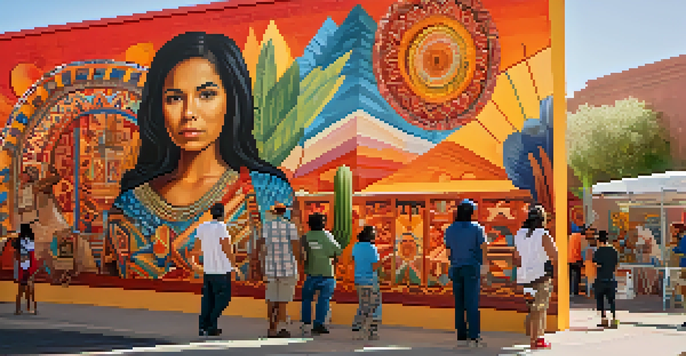 A colorful mural with intricate designs reflecting Latino and Indigenous cultures in Phoenix, with people admiring it under warm sunlight.