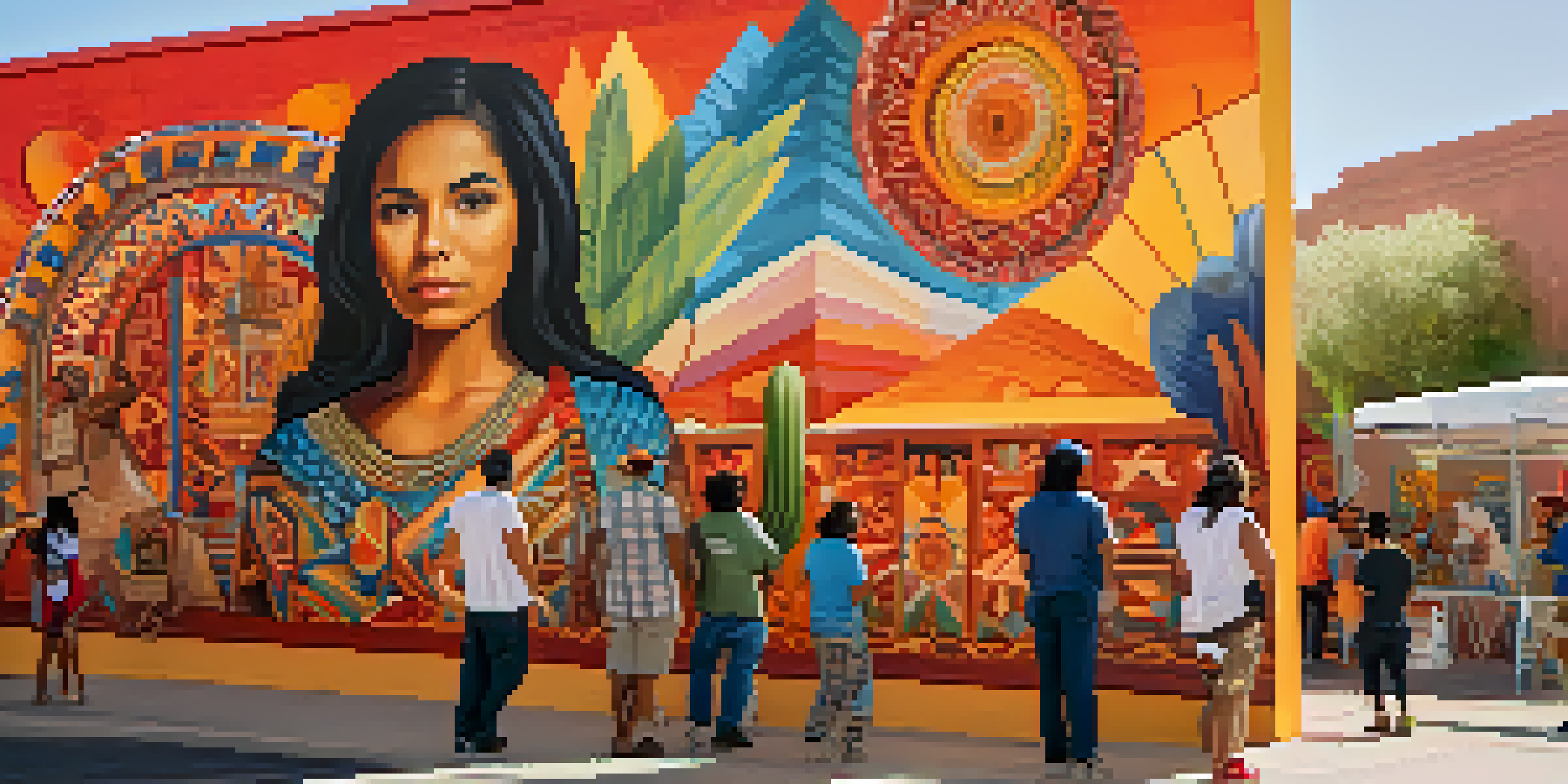 A colorful mural with intricate designs reflecting Latino and Indigenous cultures in Phoenix, with people admiring it under warm sunlight.