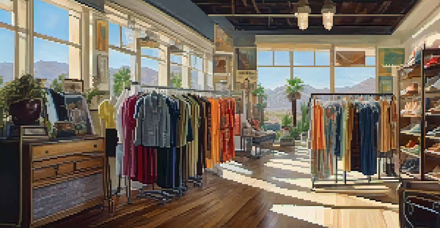 A vintage boutique in Phoenix featuring clothing from various decades, with sunlight illuminating the shop's retro decor.