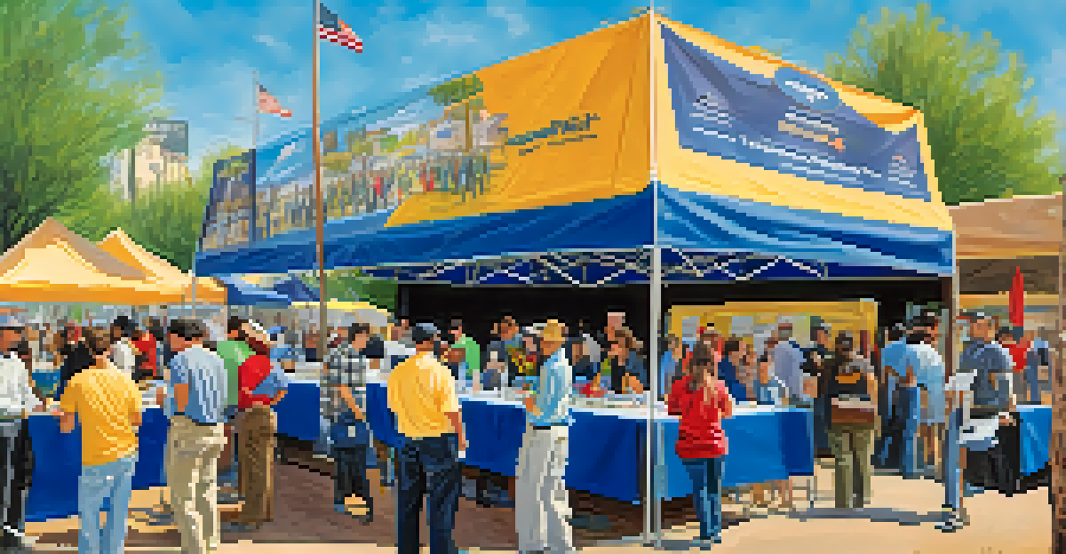 A job fair outdoors in Phoenix featuring booths from different vocational training programs and attendees engaging with employers.