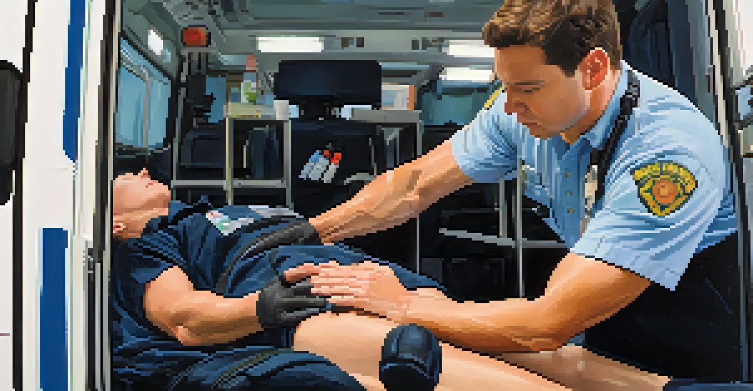 An EMT's hands providing first aid to a patient inside an ambulance, surrounded by medical equipment.
