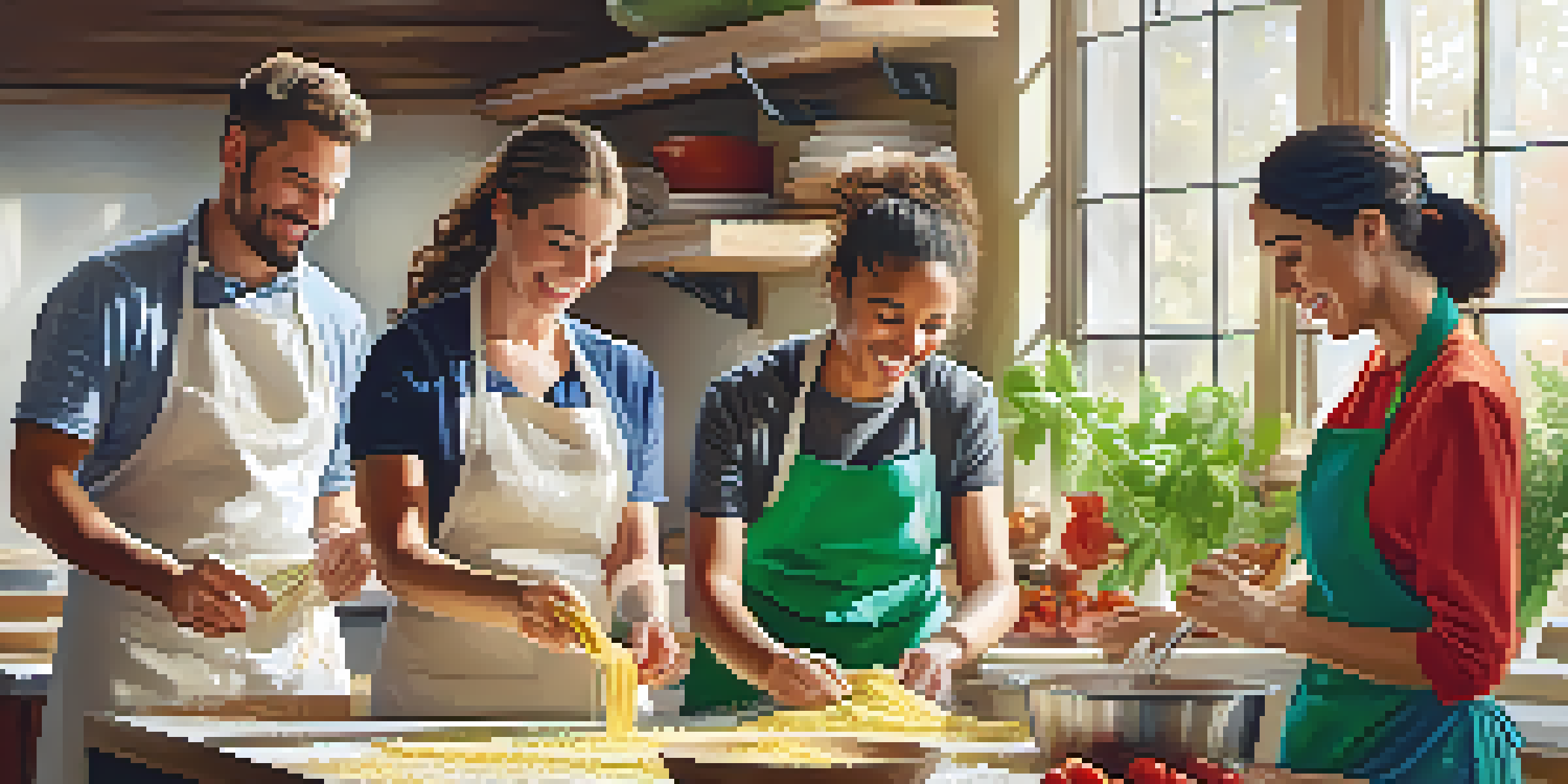 A lively cooking class with diverse participants making pasta, surrounded by fresh ingredients and guided by chefs in a bright kitchen.
