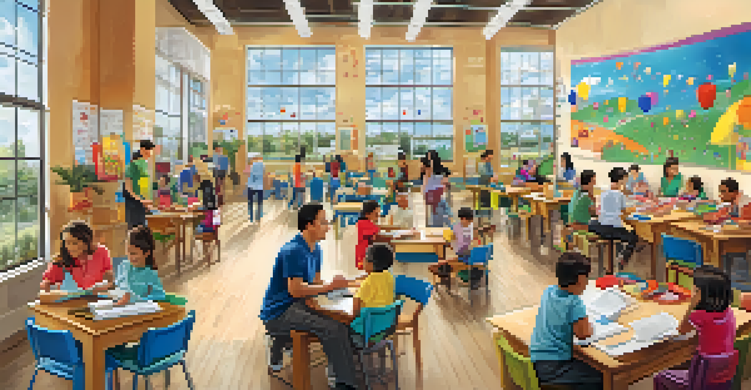 A community center with parents attending a workshop, surrounded by educational resources and colorful decorations.