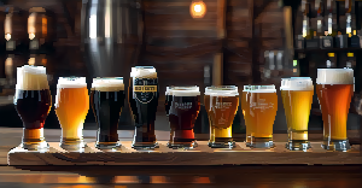 A wooden table displaying a flight of craft beers in various colors, with labels and a rustic brewery interior in the background.