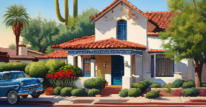 A scenic view of a historic neighborhood with Spanish Revival and Mid-Century Modern homes, surrounded by greenery and flowers.