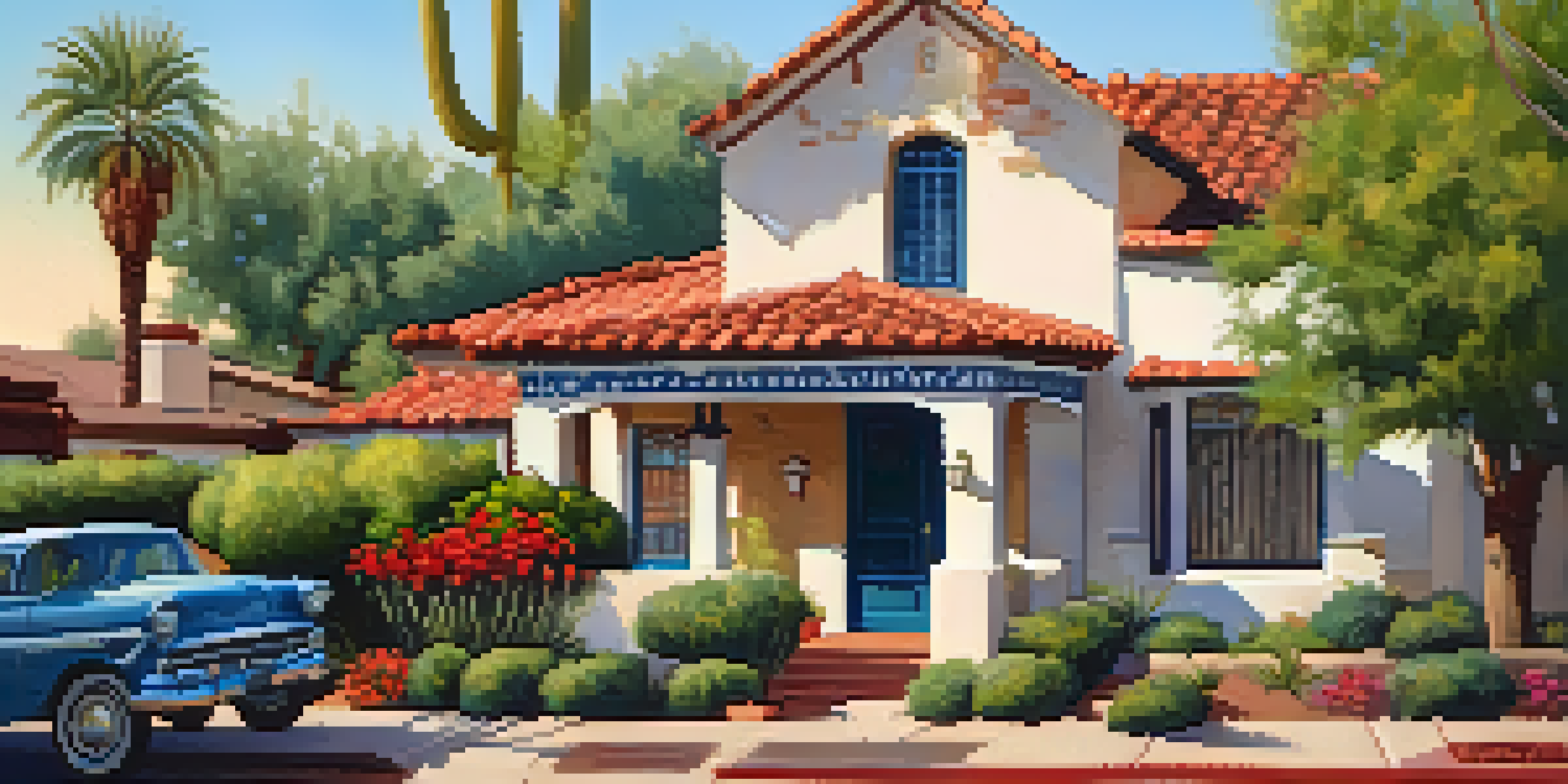 A scenic view of a historic neighborhood with Spanish Revival and Mid-Century Modern homes, surrounded by greenery and flowers.