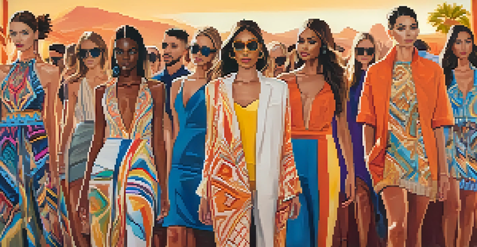 A lively fashion runway with diverse models in colorful designs, surrounded by an enthusiastic audience and southwestern decor.