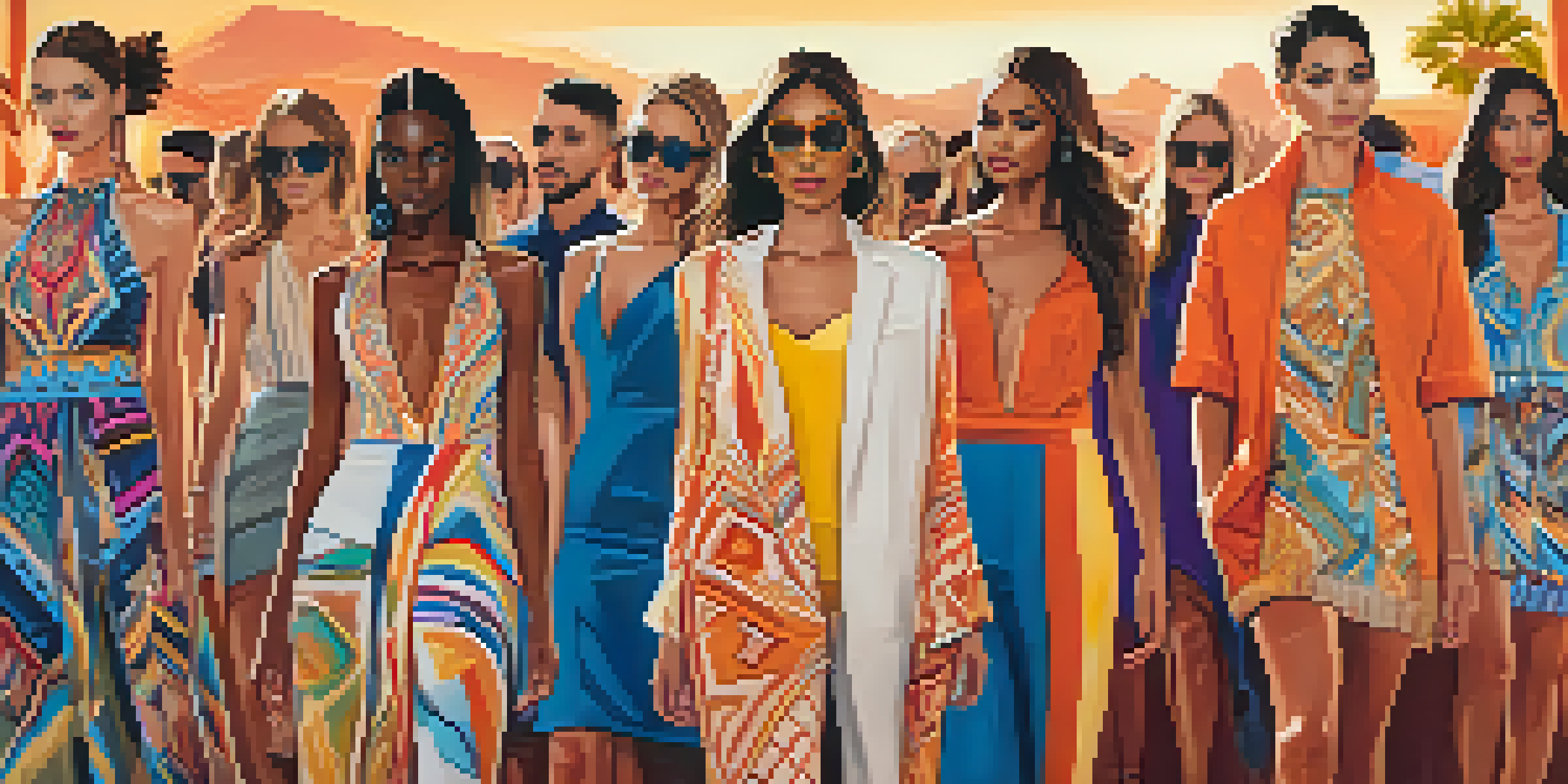 A lively fashion runway with diverse models in colorful designs, surrounded by an enthusiastic audience and southwestern decor.