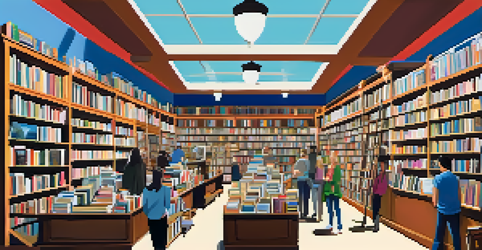 An eclectic used bookstore with colorful murals and shelves filled with vintage books, showcasing a lively atmosphere.