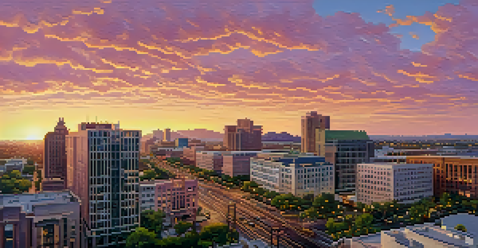 An aerial view of Downtown Phoenix highlighting high-rise buildings, green parks, and the vibrant city life during sunset.