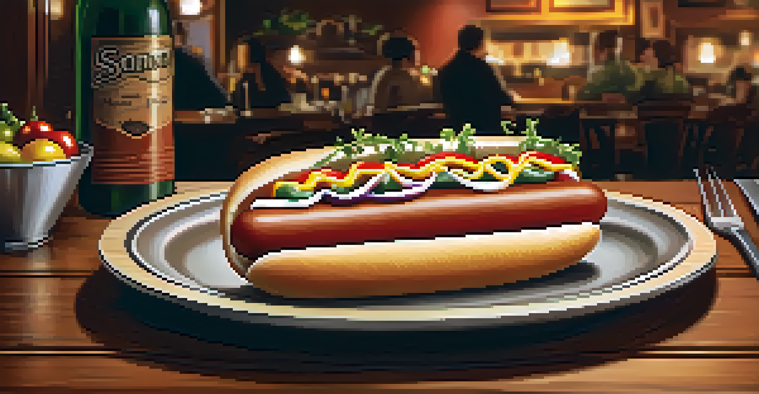 A beautifully plated Sonoran hot dog on a rustic dining table in a Phoenix restaurant, illuminated by warm lighting.