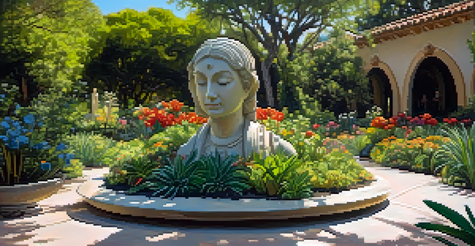 A peaceful outdoor space with intricate sculptures surrounded by greenery and flowers, illuminated by soft sunlight.