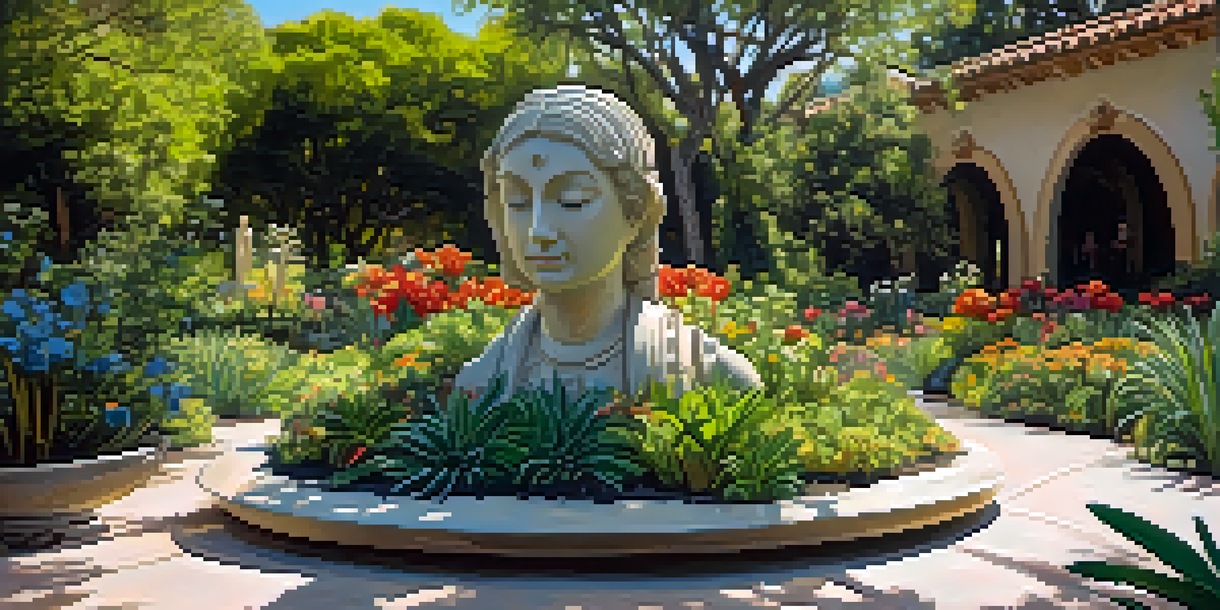 A peaceful outdoor space with intricate sculptures surrounded by greenery and flowers, illuminated by soft sunlight.
