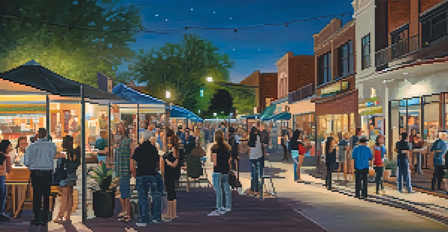An evening art walk in Phoenix, featuring local artists and illuminated by streetlights, with people enjoying the art and live music.