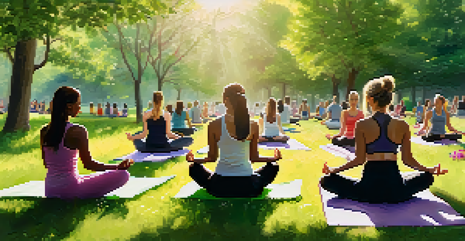 A group of women practicing yoga in a sunny park setting.