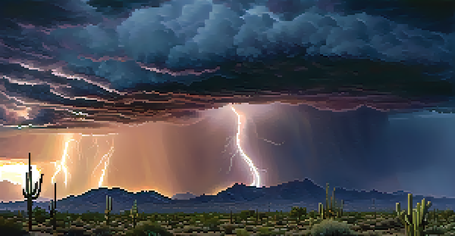 A summer storm in Phoenix with dark clouds and lightning over a desert landscape featuring cacti at sunset.