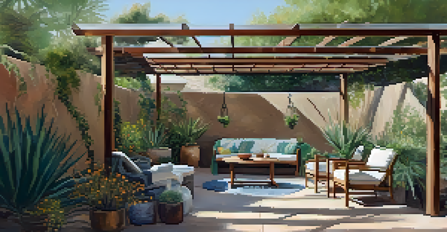 A cozy outdoor living area under a vine-covered pergola in a desert garden, complete with comfortable seating and native plants.