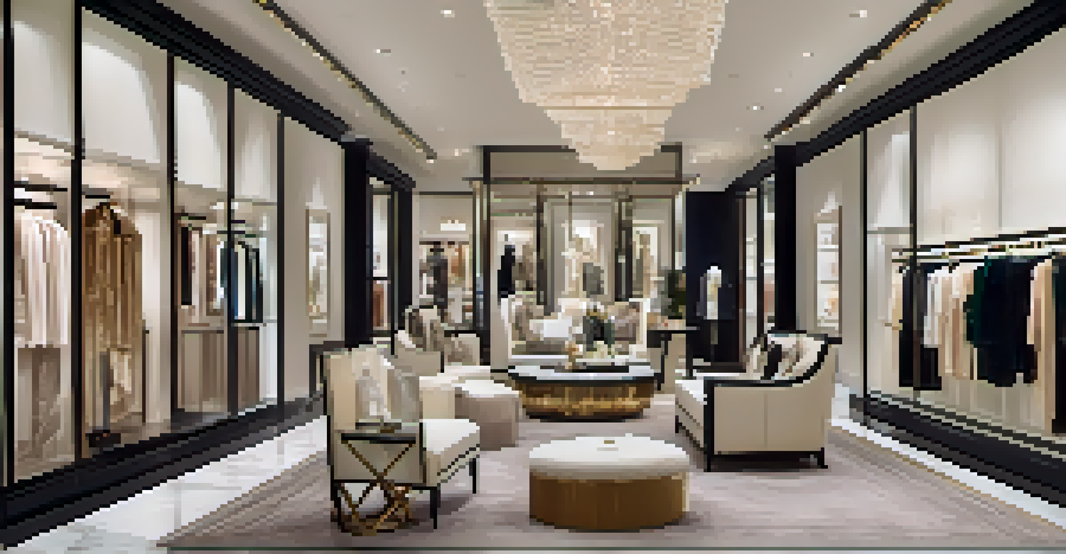 An upscale fashion boutique in Phoenix with luxury clothing, elegant decor, and personal stylists assisting clients.