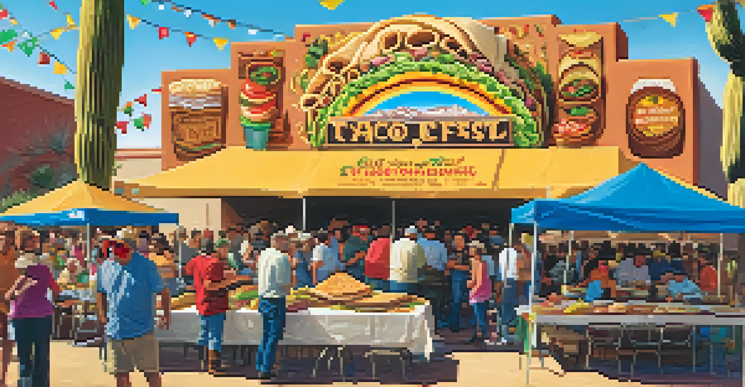 A festive taco festival with colorful booths and people enjoying various tacos under a sunny sky.