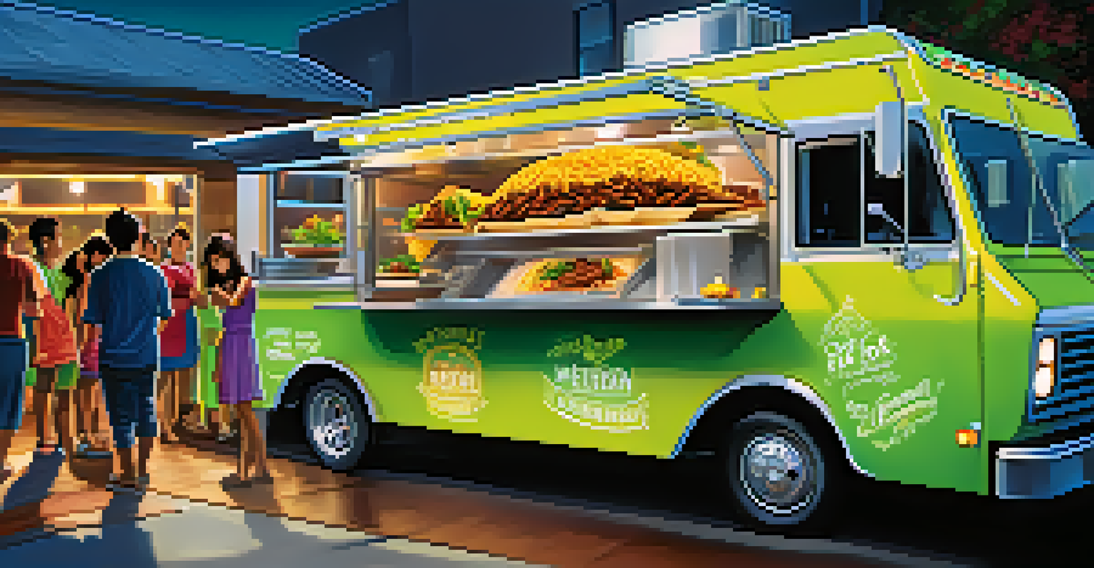 A close-up of a food truck serving Korean BBQ tacos, with a chef preparing fresh ingredients and colorful tacos garnished with cilantro.