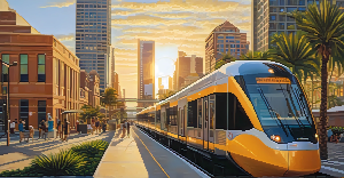 A light rail train in downtown Phoenix with skyscrapers and palm trees at sunset.