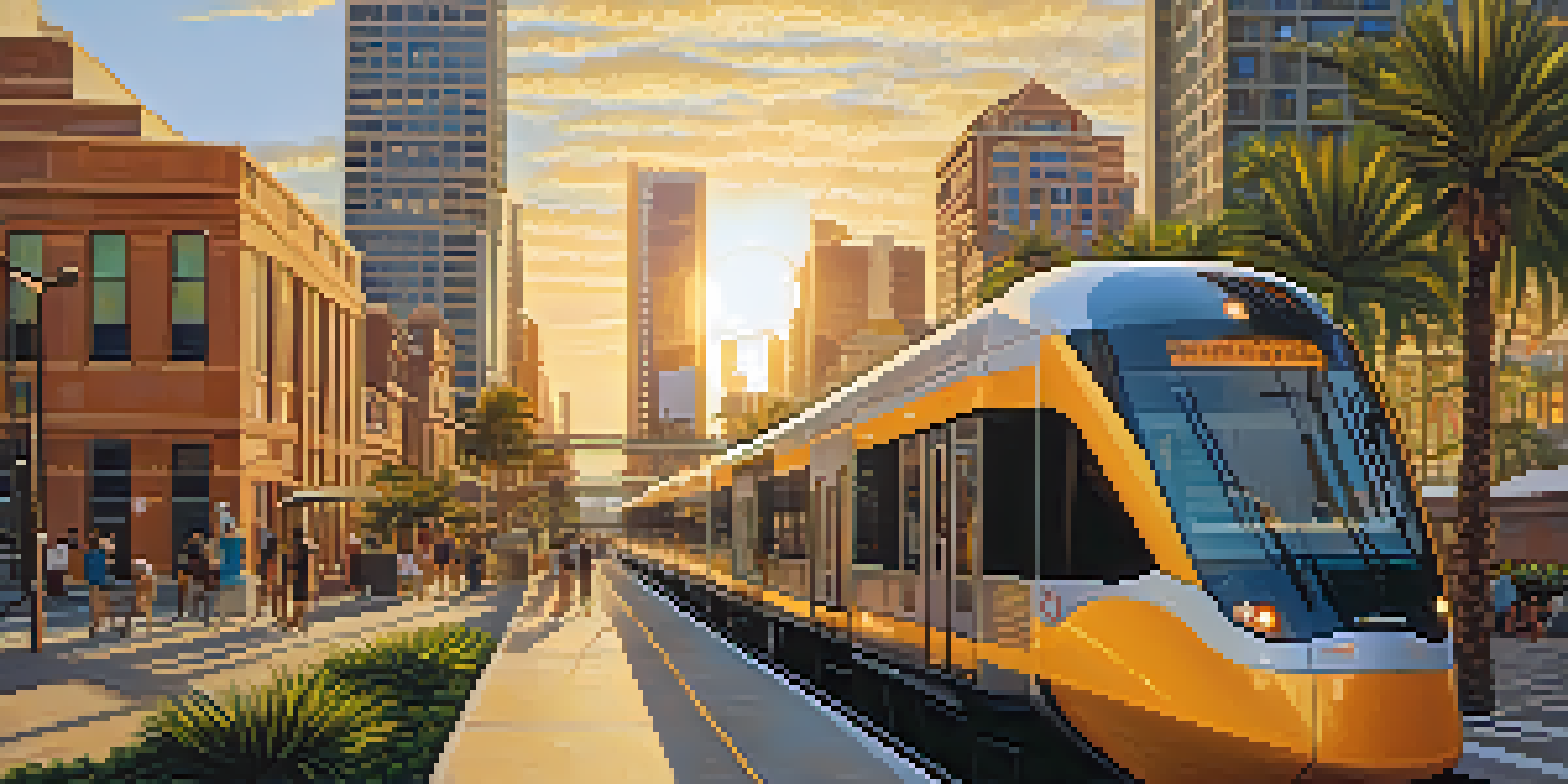 A light rail train in downtown Phoenix with skyscrapers and palm trees at sunset.
